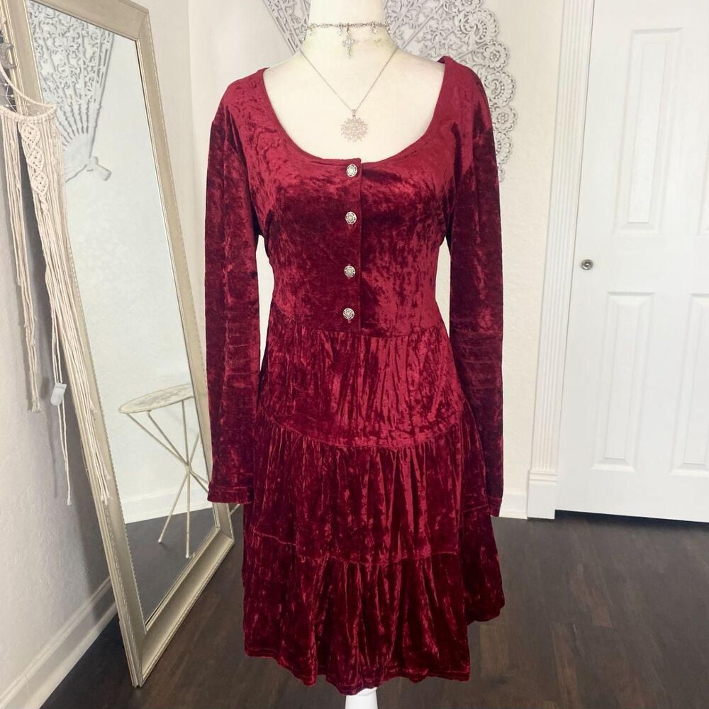 Rampage Made in USA Ethereal Whimsygoth Burgundy Red Cinched Velvet Midi Dress